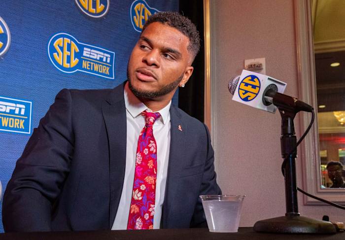 Mississippi Rebels linebacker MoMo Sanogo speaks to the media at the Hyatt Regency-Birmingham. Mandatory Credit: Vasha Hunt-USA TODAY Sports