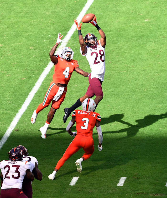 Strong corner play from Jermaine Waller (28) and Caleb Farley gives Justin Hamilton the freedom to get creative with his schemes. Photo: Steve Mitchell-USA TODAY Sports.