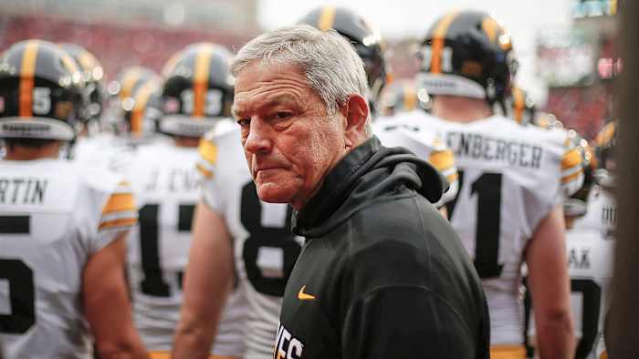 Iowa football coach Kirk Ferentz before a game in 2019