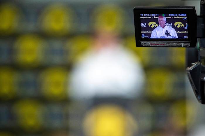TV cameras record Gary Barta's press conference on Monday. (Joseph Cress/Iowa City Press-Citizen for USA Today Sports)