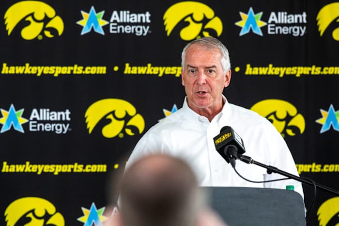 Iowa athletics director Gary Barta answers a question during Monday's press conference. (Joseph Cress/Iowa City Press-Citizen for USA Today Sports)