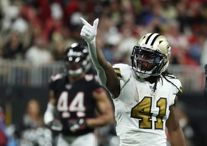 Nov 28, 2019; Atlanta, GA, USA; New Orleans Saints running back Alvin Kamara (41) celebrates after he ran for a first down in the second half against the Atlanta Falcons at Mercedes-Benz Stadium. Mandatory Credit: Jason Getz-USA TODAY Sports