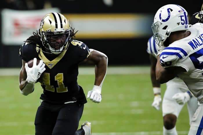 Dec 16, 2019; New Orleans, LA, USA; New Orleans Saints running back Alvin Kamara (41) runs against the Indianapolis Colts during the second half at the Mercedes-Benz Superdome. Mandatory Credit: Derick E. Hingle-USA TODAY Sports