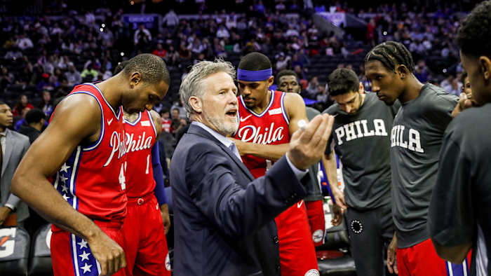 Brett Brown in 76ers huddle