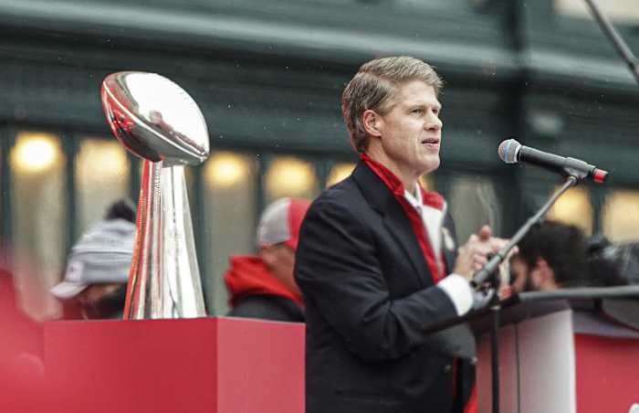Feb 5, 2020; Kansas City, Missouri, USA; Kansas City Chiefs chairman Clark Hunt speaks to the crowd during the Super Bowl LIV championship rally. Mandatory Credit: Jay Biggerstaff-USA TODAY Sports