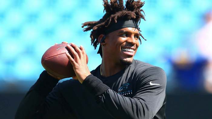 Carolina Panthers quarterback Cam Newton warms up prior to a game against the Los Angeles Rams at Bank of America Stadium.