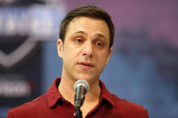 Feb 28, 2019; Indianapolis, IN, USA; Kansas City Chiefs general manager Brett Veach speaks to the media during the 2019 NFL Combine at the Indianapolis Convention Center. Mandatory Credit: Brian Spurlock-USA TODAY Sports