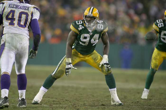 Kabeer Gbaja-Biamila lines up for a play against the Minnesota Vikings in 2006.