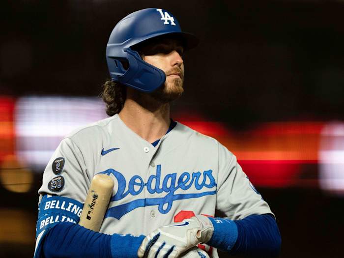 Sep 4, 2021; San Francisco, California, USA;  Los Angeles Dodgers center fielder Cody Bellinger (35) during the sixth inning against the San Francisco Giants at Oracle Park.
