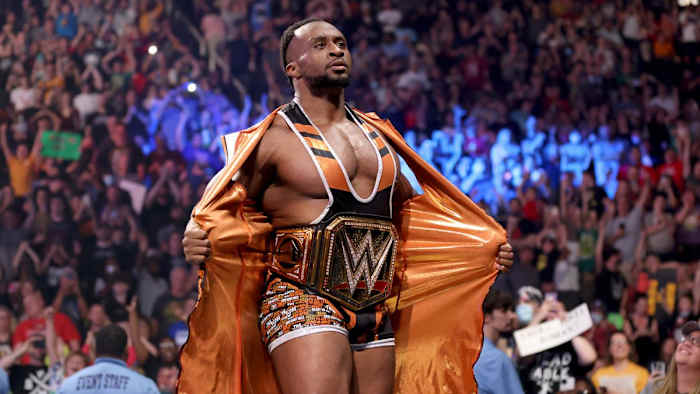 WWE's Big E posing on top of the turnbuckle