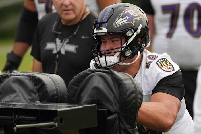 Jul 29, 2021; Owings Mills, MD, USA; Baltimore Ravens tackle Foster Sarell (69) practices blocking at the Under Amour Performance Center.