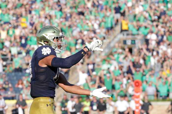 Notre Dame safety Kyle Hamilton (14) celebrates an interception during the fourth quarter of an NCAA football game, Saturday, Sept. 18, 2021 at Notre Dame Stadium in South Bend.