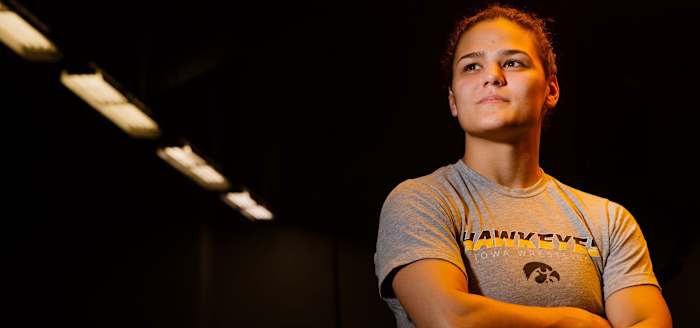 Hawkeye Wrestling Club freestyle wrestler Kayla Miracle poses for a portrait before practice on Thursday, April 18, 2019, in Iowa City.