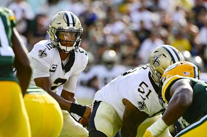 New Orleans Saints quarterback Jameis Winston (2) calls a play at the line against the Green Bay Packers. Mandatory Credit: Tommy Gilligan-USA TODAY Sports