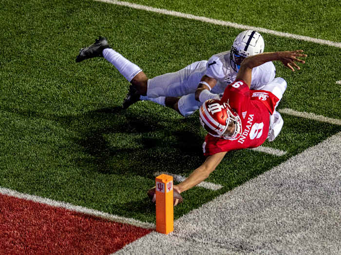 Indiana quarterback Michael Penix Jr. reaches for the pylon on an overtime 2-point conversion vs. Penn State in 2020. (Marc Lebryk/USA Today Sports)