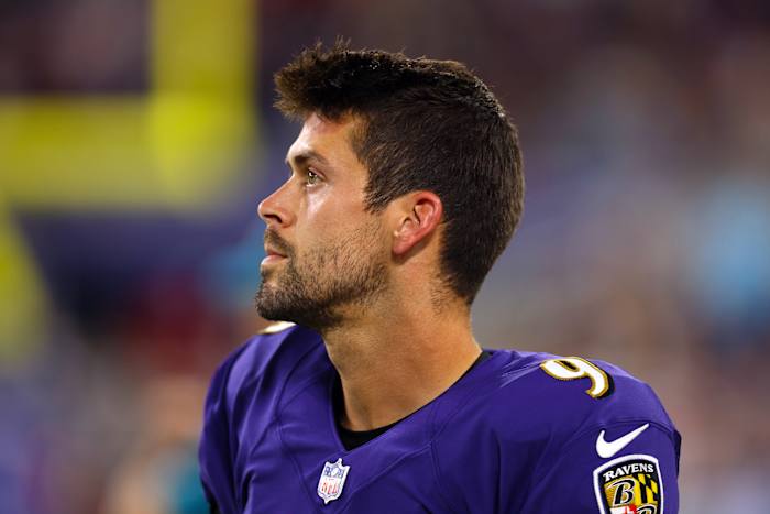 Profile headshot of Justin Tucker, Ravens kicker, looking into the distance