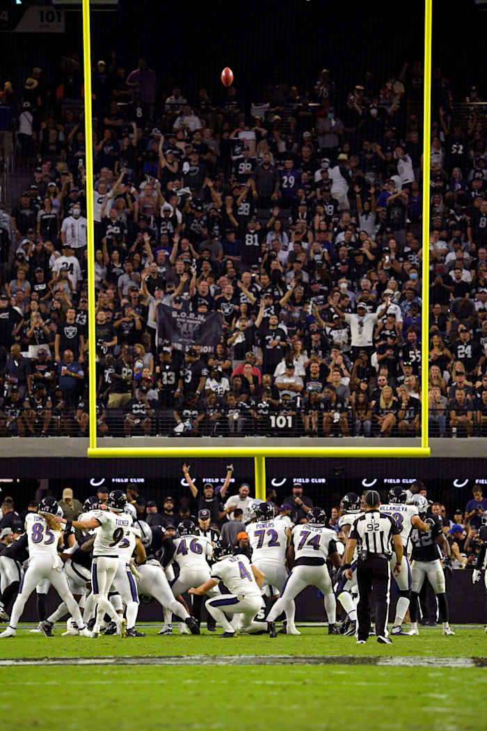 Justin Tucker kicks a game-tying field goal against the Raiders in Week 1 of the 2021 season