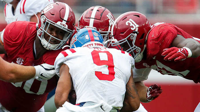 Alabama defenders swarm Ole Miss's Jerrion Ealy