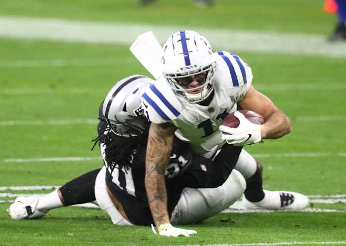 Dec 13, 2020; Paradise, Nevada, USA; Indianapolis Colts wide receiver Michael Pittman Jr. (11) against the Las Vegas Raiders at Allegiant Stadium. Mandatory Credit: Mark J. Rebilas-USA TODAY Sports
