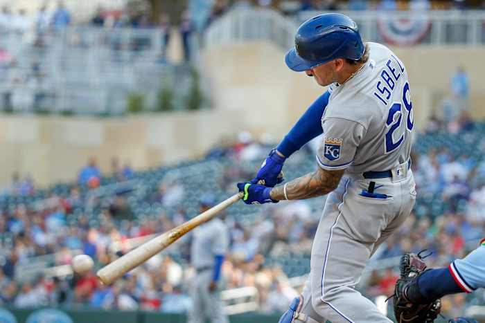 Sep 12, 2021; Minneapolis, Minnesota, USA; Kansas City Royals center fielder Kyle Isbel (28) hits an RBI single against the Minnesota Twins in the eighth inning at Target Field. Mandatory Credit: Bruce Kluckhohn-USA TODAY Sports