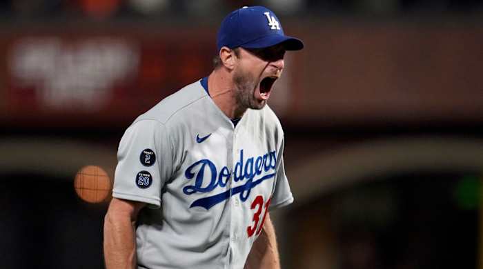 Oct 14, 2021; San Francisco, California, USA; Los Angeles Dodgers starting pitcher Max Scherzer (31) reacts after defeating the San Francisco Giants in game five of the 2021 NLDS at Oracle Park.