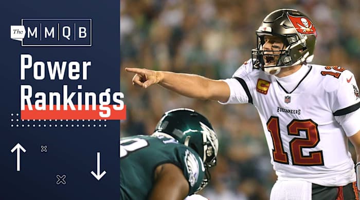Tampa Bay Buccaneers quarterback Tom Brady (12) calls a play against the Philadelphia Eagles during the first quarter at Lincoln Financial Field.
