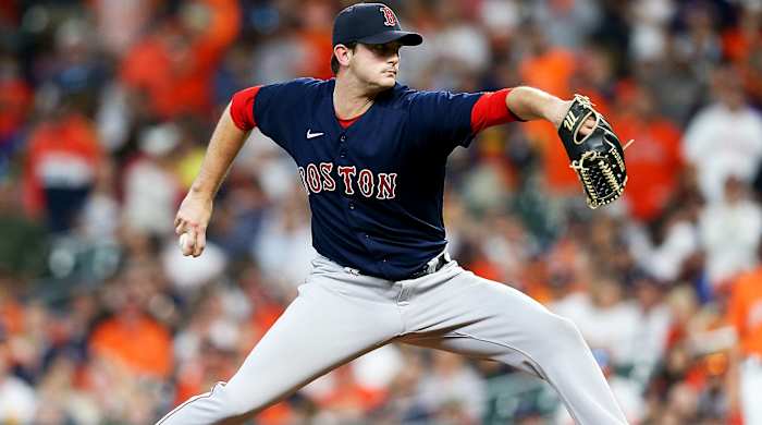 Oct 16, 2021; Houston, Texas, USA; Boston Red Sox relief pitcher Garrett Whitlock (72) pitches against the Houston Astros during the seventh inning in game two of the 2021 ALCS at Minute Maid Park.