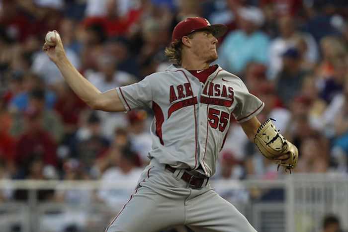 Stanek pitching for Arkansas during the 2012 season. 