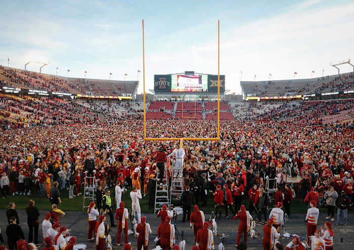 Iowa State fans rush the field after the Cyclones football team beat No. 8-ranked Oklahoma State, 24-21, on Saturday, Oct. 23, 2021, at Jack Trice Stadium in Ames