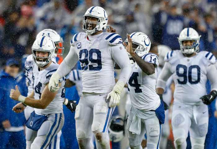 Indianapolis Colts tight end Jack Doyle (84), defensive tackle DeForest Buckner (99) and wide receiver Zach Pascal (14) celebrate after winning the game against the San Francisco 49ers, 30-18, Sunday, Oct. 24, 2021, at Levi's Stadium in Santa Clara, Calif. Indianapolis Colts Visit The San Francisco 49ers For Nfl Week 7 At Levi S Stadium In Santa Clara Calif Sunday Oct 24 2021