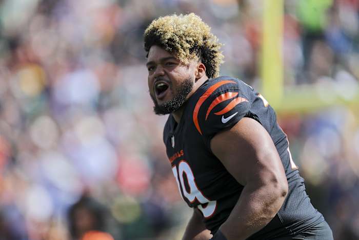 Oct 10, 2021; Cincinnati, Ohio, USA; Cincinnati Bengals guard Jackson Carman (79) runs onto the field prior to the game against the Green Bay Packers at Paul Brown Stadium. Mandatory Credit: Katie Stratman-USA TODAY Sports