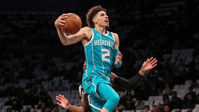 Charlotte Hornets guard LaMelo Ball goes in for a layup in the first quarter against the Brooklyn Nets.