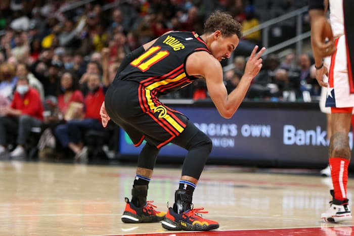 Nov 1, 2021; Atlanta, Georgia, USA; Atlanta Hawks guard Trae Young (11) celebrates after a made basket against the Washington Wizards in the second half at State Farm Arena.