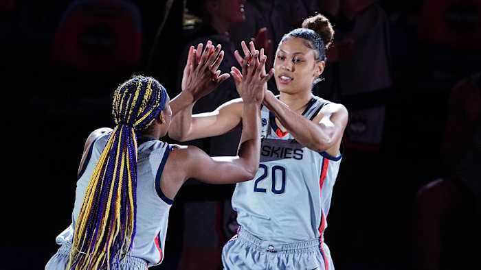 UConn's Olivia Nelson-Ododa slaps hands before a game