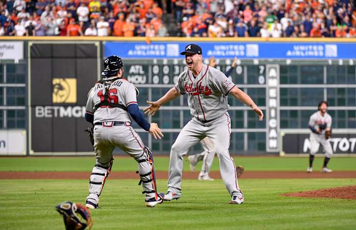 Closer Will Smith and catcher Travis d'Arnaud celebrate in front of the mound after the Braves recorded the final out in their Game 6 win over the Astros to capture their first World Series title since 1995.