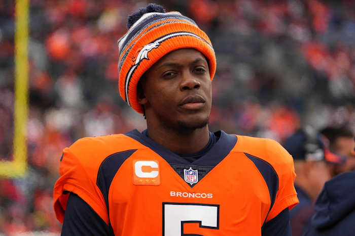 Oct 31, 2021; Denver, Colorado, USA; Denver Broncos quarterback Teddy Bridgewater (5) during the game against the Washington Football Team at Empower Field at Mile High.