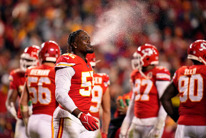 Nov 1, 2021; Kansas City, Missouri, USA; Kansas City Chiefs defensive end Frank Clark (55) spits out water during the second half against the New York Giants at GEHA Field at Arrowhead Stadium. Mandatory Credit: Jay Biggerstaff-USA TODAY Sports