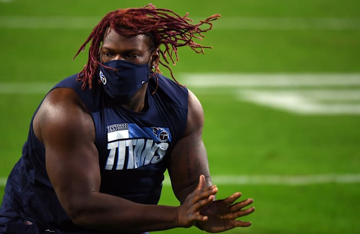 Nov 12, 2020; Nashville, Tennessee, USA; Tennessee Titans offensive tackle Isaiah Wilson (79) warms up before the game against the Indianapolis Colts at Nissan Stadium.