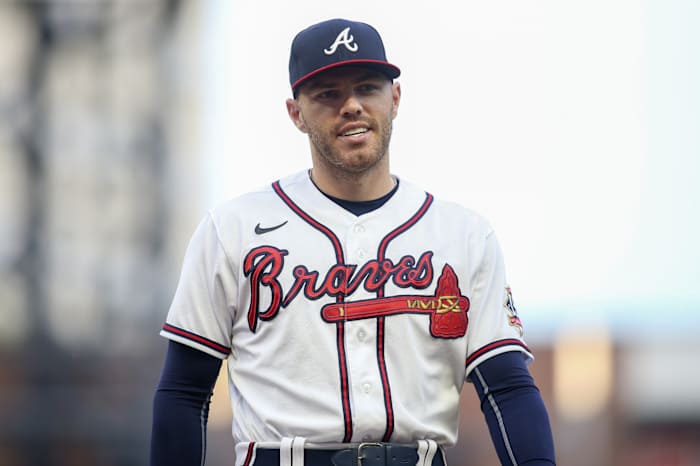 Braves 1B Freddie Freeman smiling at first base