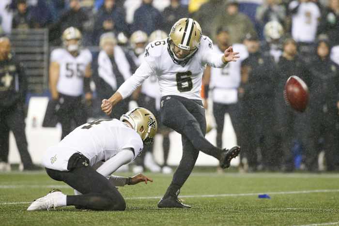 New Orleans Saints kicker Brian Johnson (6) kicks a field goal against the Seattle Seahawks. Mandatory Credit: Joe Nicholson-USA TODAY