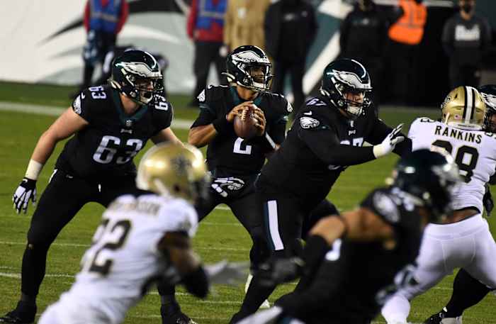 Philadelphia Eagles quarterback Jalen Hurts (2) looks to pass against the New Orleans Saints. Mandatory Credit: James Lang-USA TODAY Sports