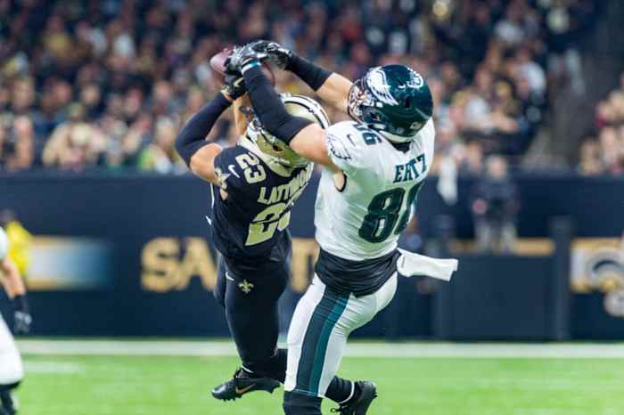 Saints CB Marshon Lattimore (23) makes an interception against the Philadelphia Eagles.© SCOTT CLAUSE/USA TODAY