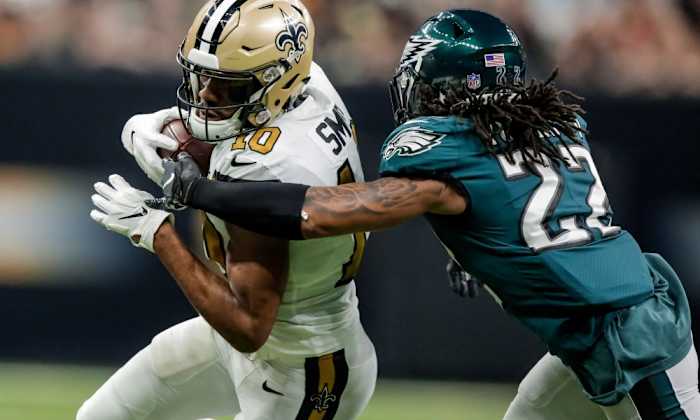 Saints WR Tre'Quan Smith (10) beats Eagles CB Avonte Maddox (22) during a 2018 game in New Orleans. Credit: USA TODAY
