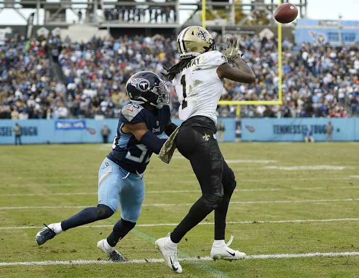 New Orleans Saints wide receiver Marquez Callaway (1) scores a touchdown against Tennessee. Mandatory Credit: Steve Roberts-USA TODAY Sports