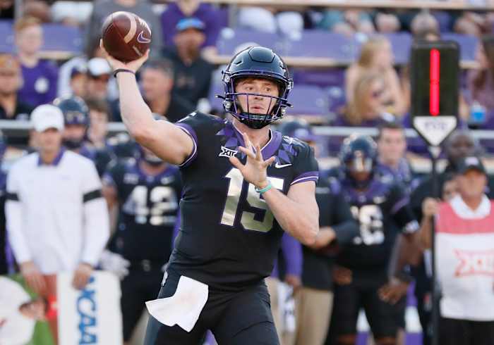 Nov 20, 2021; Fort Worth, Texas, USA; TCU Horned Frogs quarterback Max Duggan (15) passes the ball against the Kansas Jayhawks during the first half at Amon G. Carter Stadium.