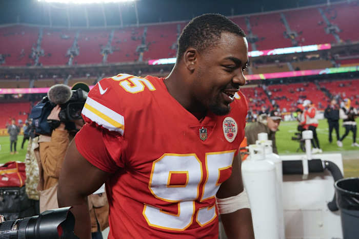 Nov 21, 2021; Kansas City, Missouri, USA; Kansas City Chiefs defensive end Chris Jones (95) celebrates while leaving the field after the win over the Dallas Cowboys game at GEHA Field at Arrowhead Stadium. Mandatory Credit: Denny Medley-USA TODAY Sports