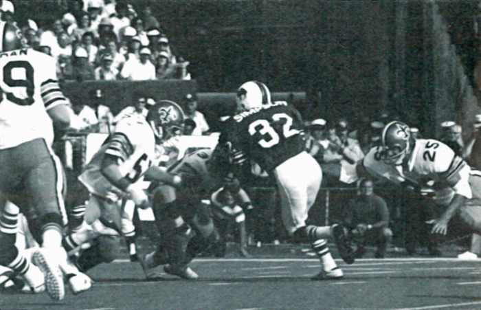 The New Orleans defense surrounds Buffalo RB O.J. Simpson (32) during a 1973 contest. Credit: nosaintshistory.com