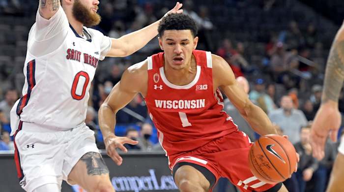 Johnny Davis #1 of the Wisconsin Badgers drives to the basket against Logan Johnson #0 of the St. Mary's Gaels during the championship game of the 2021 Maui Invitational basketball tournament at Michelob ULTRA Arena on November 24, 2021 in Las Vegas, Nevada. Wisconsin won 61-55.