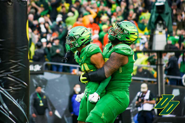 Kris Hutson celebrates his first collegiate touchdown against Oregon State.