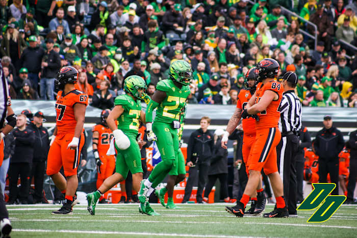 Verone McKinley III celebrates after a play against Oregon State.